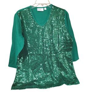 QUACKER FACTORY Green Sequins V Neck M 3/4 Sleeves Whimsigoth Y2K Formal Elegant